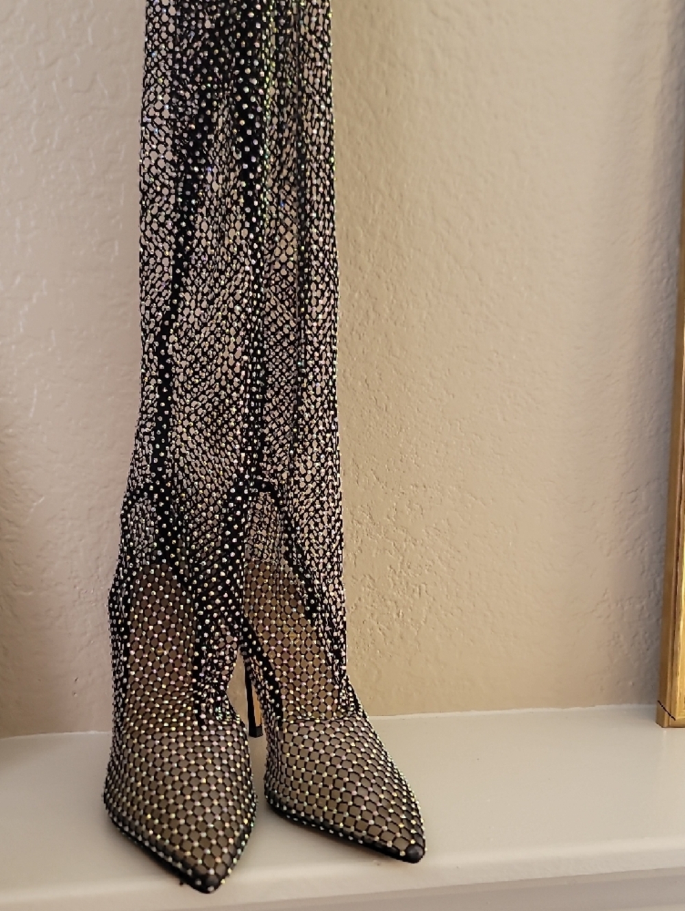 Rhinestone Mesh Pointed-Toe Stiletto Boots - Black - Picture 2 of 4